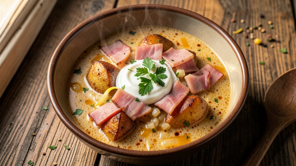 Baked Potato and Ham Soup Recipe: Smoky Cheddar Velvety Richness
