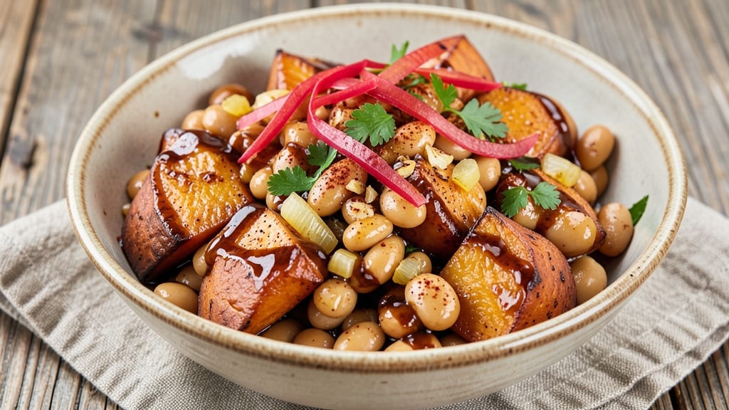 Sweet Potato Butter Bean Recipe: Crispy Celery Crown Over Earthy Spiced Filling