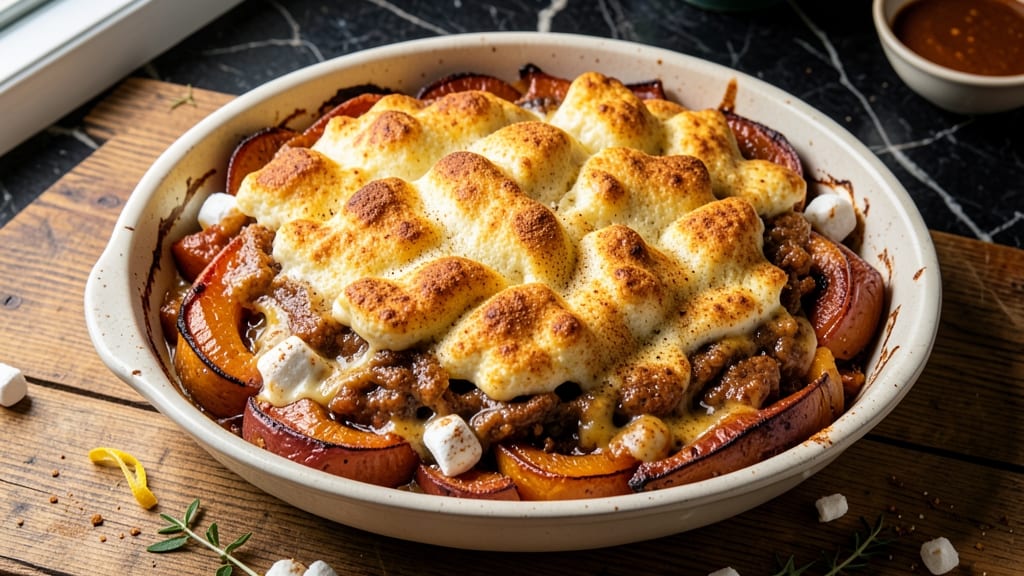 Baked Sweet Potato Casserole Recipe with Marshmallows: Toothsome Crunch Over Creamy Spiced Spuds