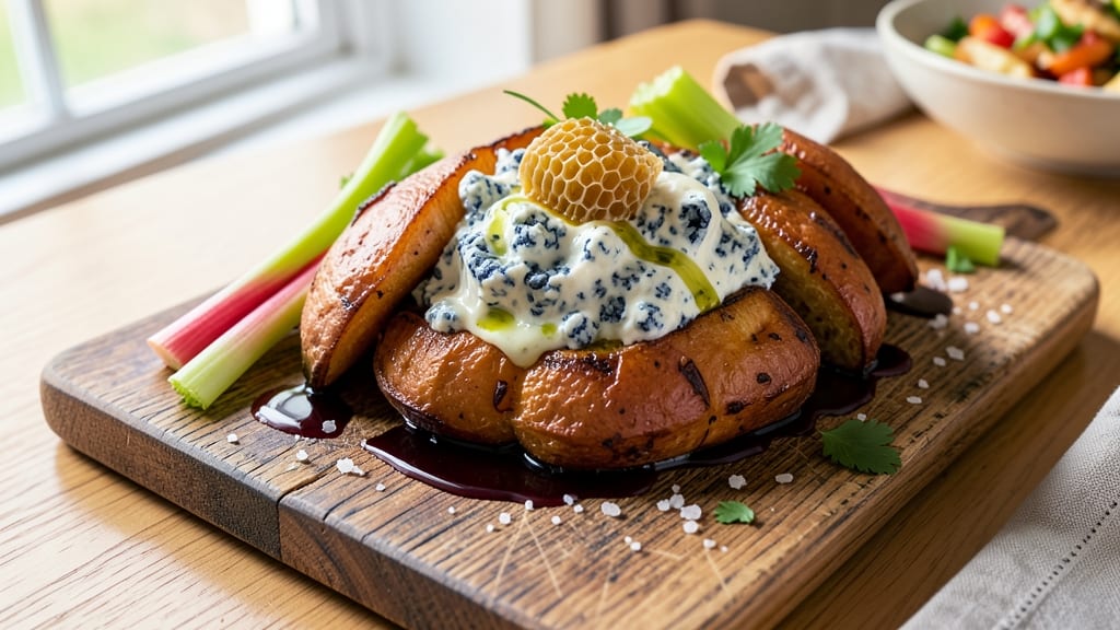 Sweet Potato Blue Cheese Recipe: Crispy Celery Crown Over Tangy Creamy Bites