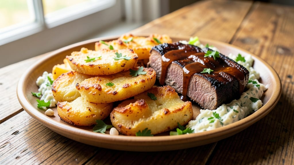 Bbq Brisket Smashed Potato Recipe: Crispy Celery Crown Over Smoky Mashed Bliss