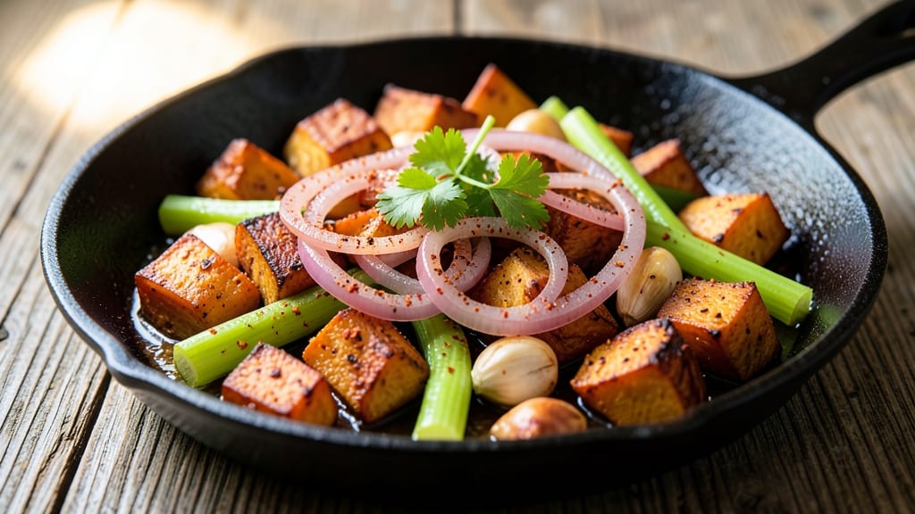 Sweet Potato Breakfast Skillet Recipe: Crispy Celery-Topped Protein Powerhouse