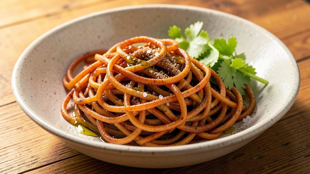 Sweet Potato Spaghetti Recipe: Crispy Celery Crown Over Nutmeg-Spiced Noodles