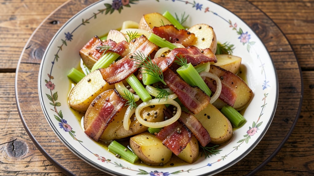 Authentic Bavarian Potato Salad Recipe: Crispy Mustard Celery Top Over Creamy Vinegar Dressing