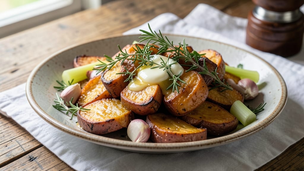 Sweet And Savory Sweet Potato Recipe: Crispy Celery Crown Over Creamy Herb Swirl