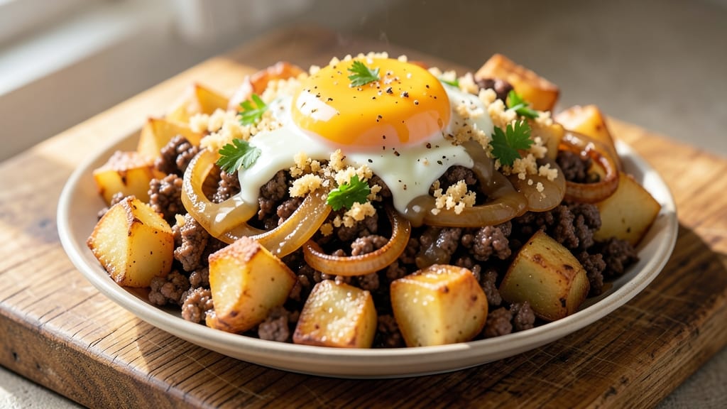 Ground Beef Potato Hash Recipe: Crispy Onion Rings and Juicy Beef Bites