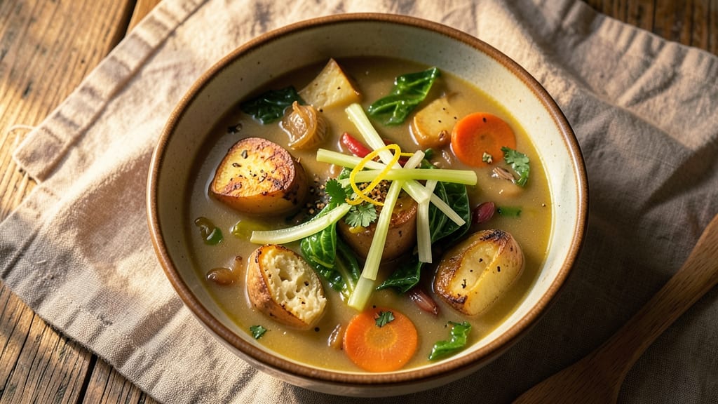 Vegan Cabbage Potato Soup Recipe: Earthy Spiced Comfort With Crispy Celery Top