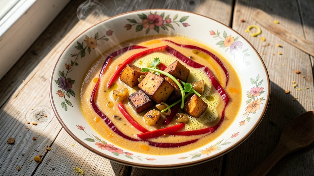 Sweet Potato and Pepper Soup Recipe: Velvety Turmeric Base With Crisp Celery Topping