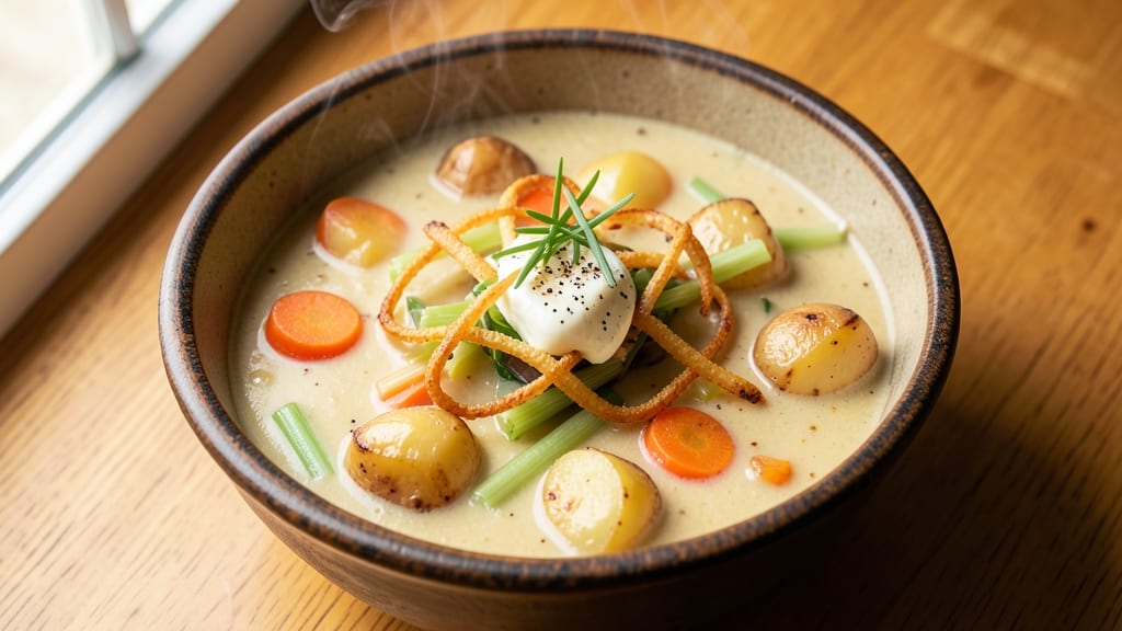 54th Street Potato Soup Copycat Recipe: Toasted Celery Crunch Over Velvety Spiced Potatoes
