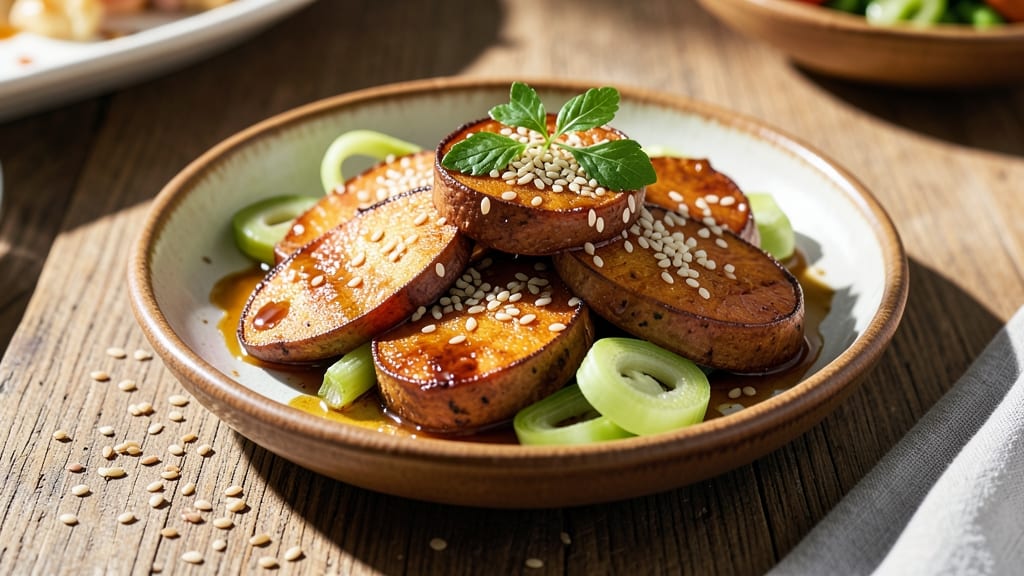 Sweet Potato Banchan Recipe: Crispy Celery Crown Over Nutty Toasted Sesame Bliss