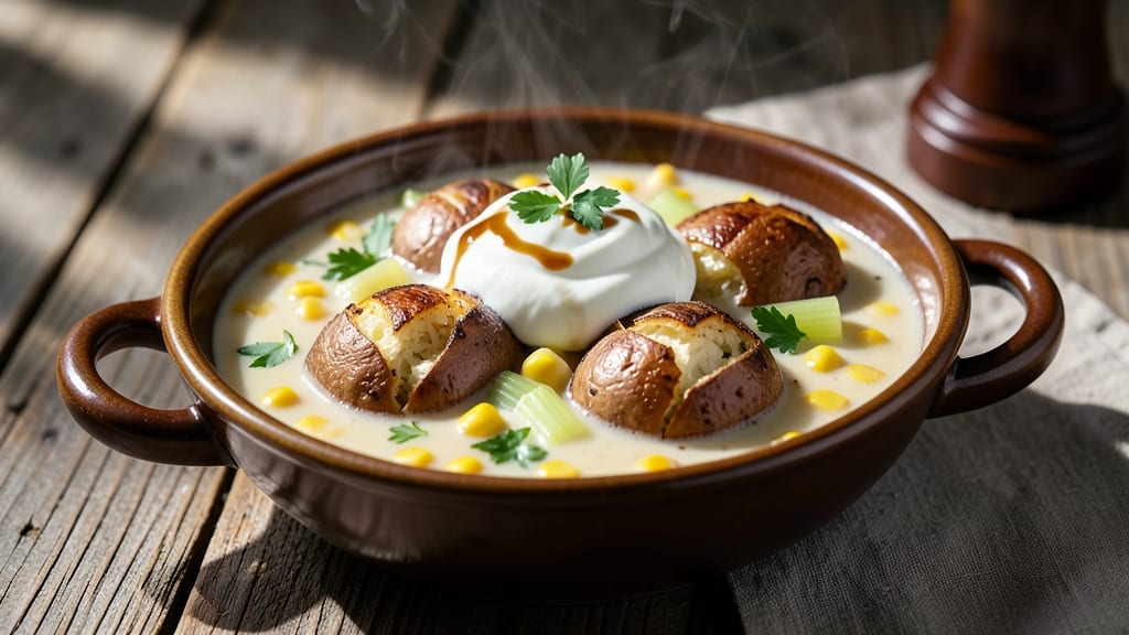 Baked Potato and Corn Chowder Recipe: Smoky Celery Crunch Over Creamy Spiced Potatoes