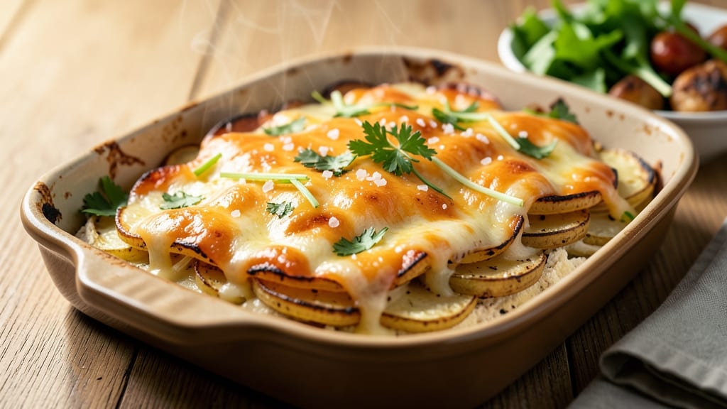 Awesome Scalloped Potato Recipe: Crispy Celery Crown Over Creamy Cheese Layers