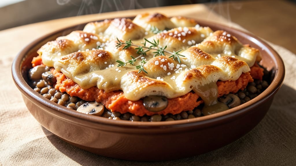 Vegan Sweet Potato Shepherd's Pie Recipe: Spiced Roasted Topping Over Creamy Lentil Filling