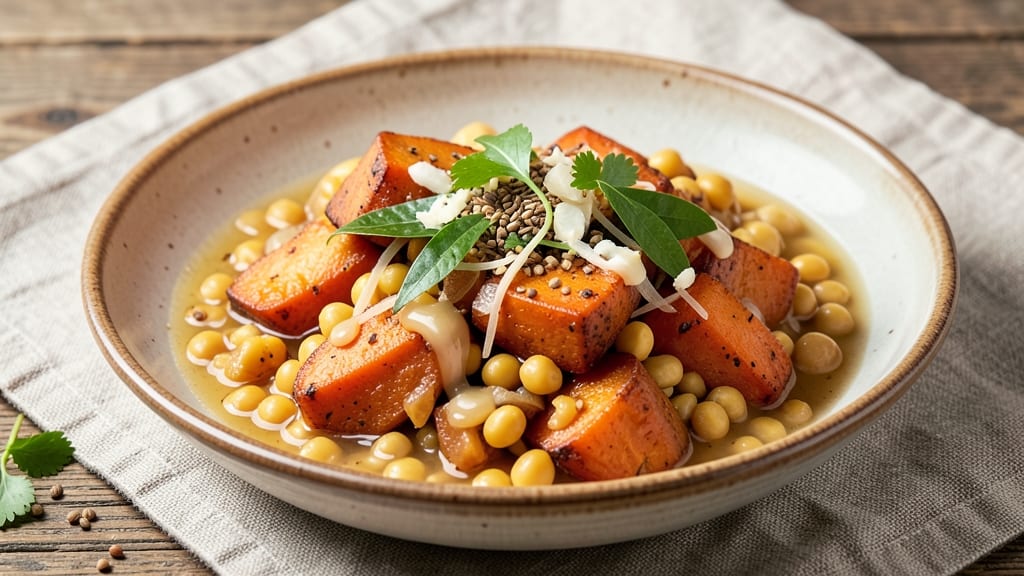 Sweet Potato Dhal Recipe: Spiced Lentils with Caramelized Sweetness and Crispy Celery Topping