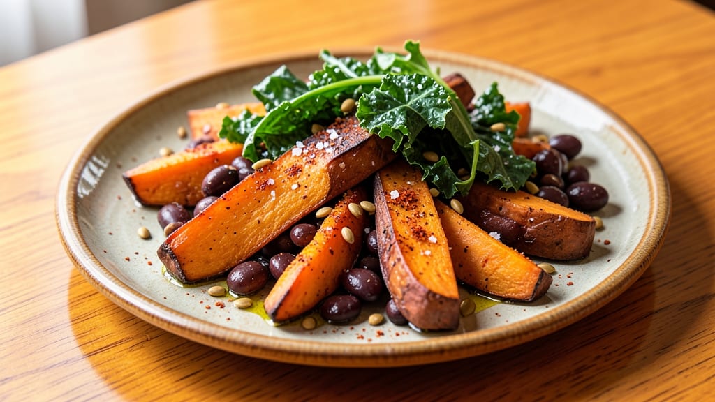 Sweet Potato Black Bean Kale Recipe: Spiced Roast with Charred Kale Crunch