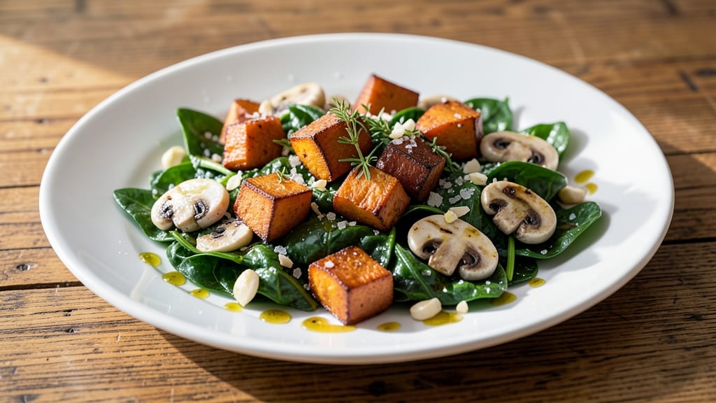 Sweet Potato, Mushroom, and Spinach Recipe: Earthy Roast with Crispy Garlic Topping