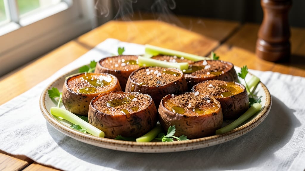 Baked Sweet Potato Rounds Recipe: Crispy Celery Crown Over Creamy Nutmeg Spice