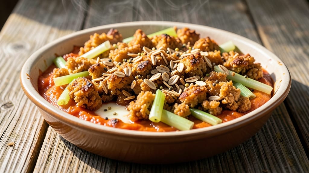 Sweet Potato Crumble Topping Recipe: Celery-Mustard Seed Crunch Over Spiced Roots