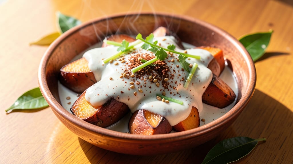 Sweet Potato Mangalorean Recipe: Spiced Coconut Curry With Crispy Celery Topping