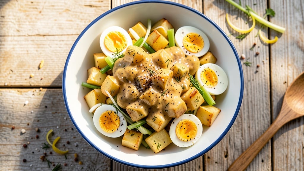 Amish Style Potato Salad Recipe: Crispy Celery Crown Over Creamy Vinegar Base