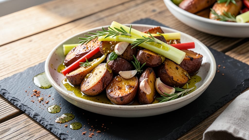 Sweet Potato Not-Sweet Recipe: Savory Roasted Hash With Crispy Celery Crown