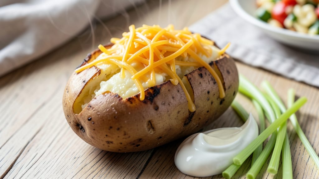 Baked Potato with Slits Recipe: Crispy Celery Crown Over Buttery Cheese Bliss