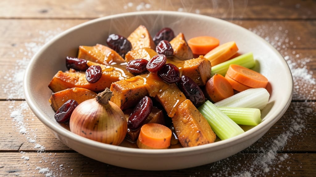Sweet Potato Tzimmes Recipe for Passover: Spiced Honey-Glazed Roots With Crunchy Celery Top